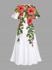 Robe mi-longue trapèze grande taille à imprimé feuilles tropicales, hibiscus, branches, poches fendues, style hawaïen - Blanc XS