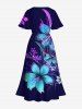 Robe mi-longue trapèze hawaïenne grande taille à imprimé fleurs d'hibiscus, feuilles et branches - Bleu profond L