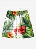 Plus Size Tropical Leaf Hibiscus Flower Print Hawaii Drawstring Beach Shorts For Men -  