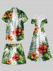 Plus Size Tropical Leaf Hibiscus Flower Print Hawaii Drawstring Beach Shorts For Men -  