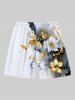 Plus Size Ink Painting Tie Dye Hibiscus Flower Print Hawaii Drawstring Pocket Beach Shorts For Men -  