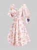 Plus Size Tie Dye Flowers Leaf Print Ruched Cinched Pockets Milkmaid Dress -  