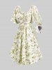 Plus Size Tie Dye Flowers Leaf Print Ruched Cinched Pockets Milkmaid Dress -  