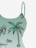 Robe camisole hawaïenne grande taille avec lunettes de soleil et parapluie, motif cocotier, vagues de la mer, imprimé ombré, taille haute et basse - Vert 6X
