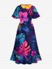Robe mi-longue hawaïenne fendue grande taille à imprimé feuilles tropicales et fleurs d'hibiscus - Bleu Ciel 6X