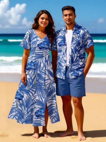 Tropical Leaf Flowers Print Plus Size Matching Hawaii Beach Outfit For Couples - SKY BLUE