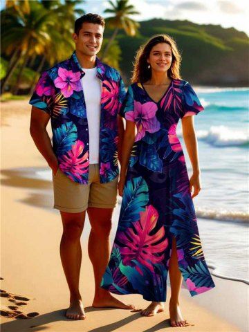 Hibiscus Flowers Tropical Leaf Print Plus Size Matching Hawaii Beach Outfit For Couples - SKY BLUE