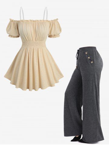 Ruched Bust Elastic Waist Top and Mock Button Pocket Drawstring Marled Wide Leg Pants Plus Size Outfit - BEIGE