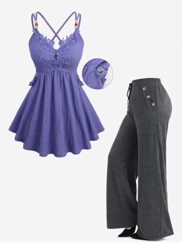 Floral Applique Textured Pocket Crisscross Top and Mock Buttons Drawstring Marled Wide Leg Pants Plus Size Outfit - LIGHT PURPLE