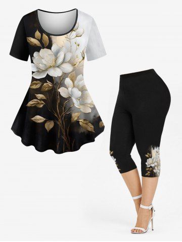 Flower Leaf Branch Contrast Colorblock Print T-shirt and Leggings Plus Size Matching Set - BLACK