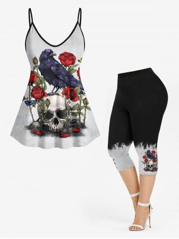 Skull Rose Flower Crow Print Cami Top and Leggings Plus Size Matching Set - WHITE
