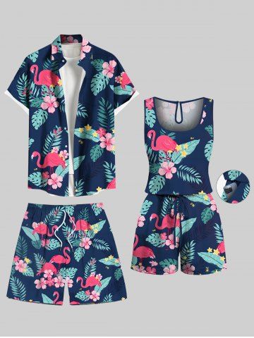 Matching Hawaii Shirt Shorts and Romper Plus Size Beach Outfit Tropical Leaf Hibiscus Flower Flamingo Print For Couples - BLACK