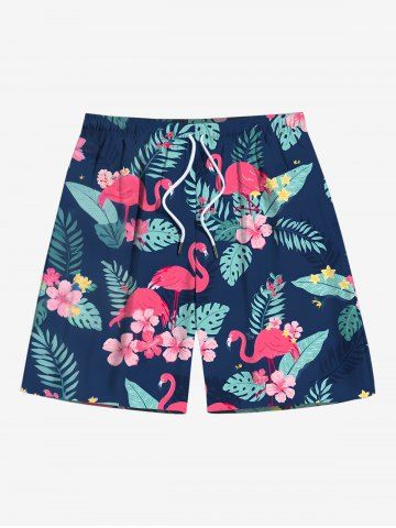Plus Size Tropical Leaf Hibiscus Flower Flamingo Print Hawaii Drawstring Pocket Beach Shorts For Men - BLUE - 7XL