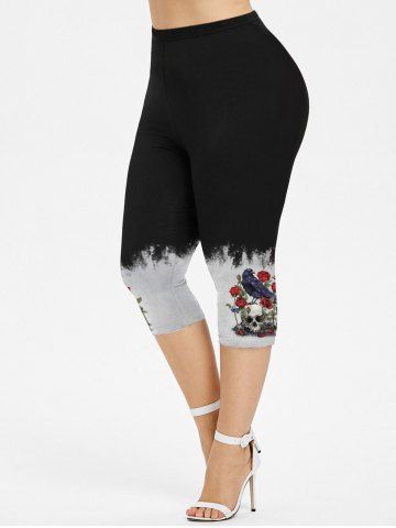 Plus Size Skull Rose Flower Crow Print Capri Leggings - BLACK - L