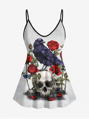 Plus Size Skull Rose Flower Crow Print Cami Top - WHITE - 3X