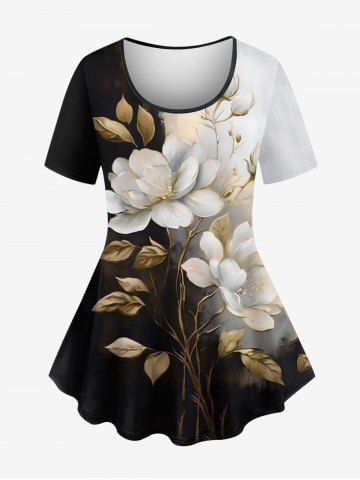 Plus Size Flower Leaf Branch Contrast Colorblock Print T-shirt - BLACK - S