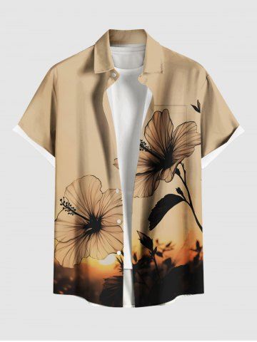Plus Size Hibiscus Flower Sunset Print Hawaii Button Pocket Shirt For Men
