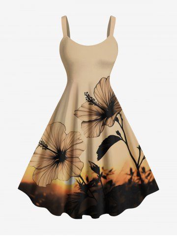 Plus Size Hibiscus Flower Sunset Print Hawaii A Line Tank Dress - LIGHT COFFEE - 6X