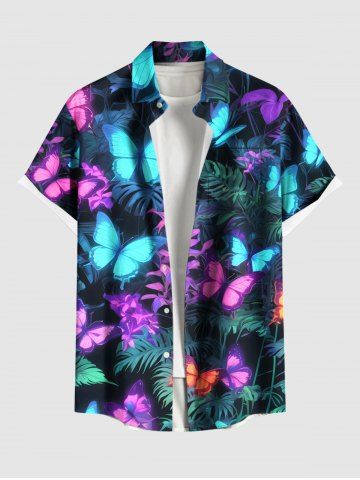 Plus Size Tropical Leaf Branch Colorful Glitter Butterfly Print Hawaii Button Pocket Shirt For Men - BLACK - 3XL
