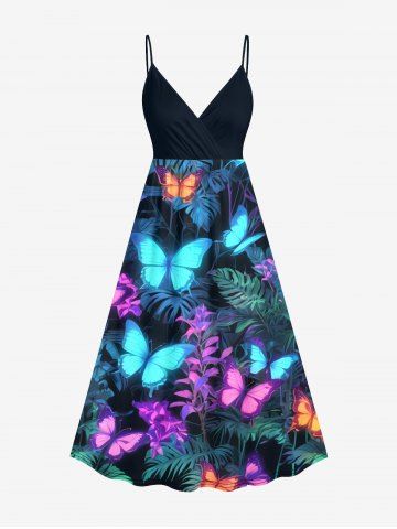 Plus Size Tropical Leaf Branch Colorful Glitter Butterfly Print Hawaii Surplice A Line Cami Dress - BLACK - 5X