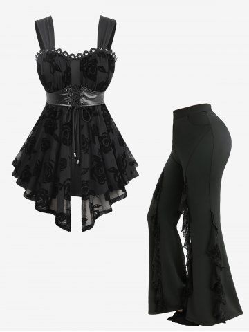 Rose Lace-up Tank Top and Spider Web Flocking Lettuce Ruffles Flare Pants Plus Size Outfit - BLACK