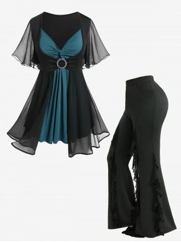 Flutter Sleeve Twist Colorblock Twofer Tee and Spider Web Flocking Lettuce Ruffles Flare Pants Plus Size Outfit - DEEP GREEN