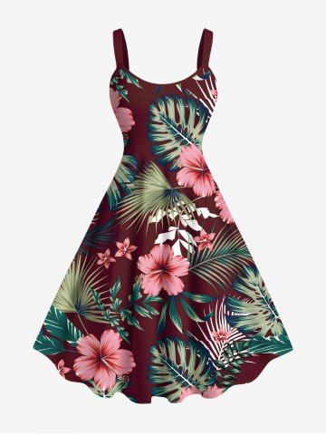 Plus Size Tropical Leaf Hibiscus Flowers Print Hawaii Tank Dress - DEEP RED - L