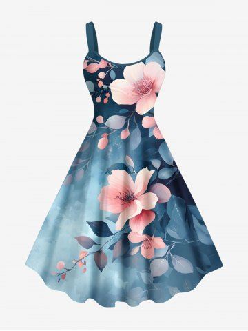 Plus Size Tie Dye Ombre Flowers Leaf Print Hawaii Tank Dress - BLUE - XXS