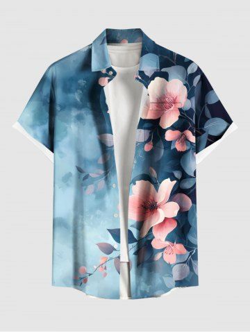 Plus Size Tie Dye Ombre Flowers Leaf Print Buttons Pocket Hawaii Shirt For Men - BLUE - M