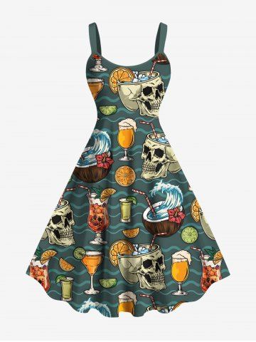 Plus Size Skulls Coconut Orange Juice Flowers Print Hawaii Tank Dress - GREEN - 2X