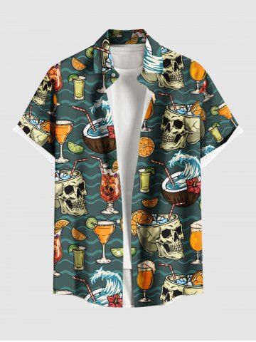 Plus Size Skulls Coconut Orange Juice Flowers Print Buttons Pocket Hawaii Shirt For Men - GREEN - M