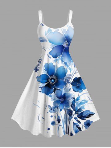 Plus Size Watercolor Flowers Print Hawaii Tank Dress - BLUE - 4X
