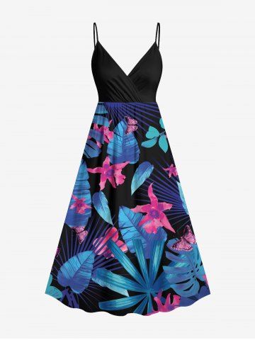 Plus Size Flowers Leaf Butterfly Tropical Print Surplice Hawaii Cami Dress - BLACK - XXS