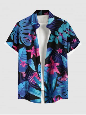 Plus Size Flowers Leaf Butterfly Tropical Print Buttons Pocket Hawaii Shirt For Men - BLACK - 3XL