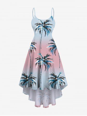 Plus Size Coconut Tree Ombre Colorblock Print High Low Hawaii Cami Dress - LIGHT BLUE - XXS