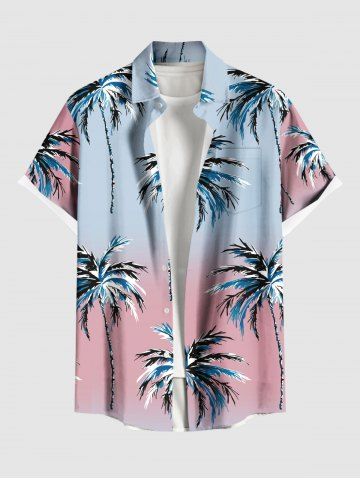 Plus Size Coconut Tree Ombre Colorblock Print Buttons Pocket Hawaii Shirt For Men - LIGHT BLUE - 6XL