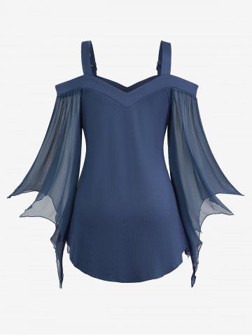 Plus Size Cold Shoulder Buckle Straps Mesh Bell Sleeve Top