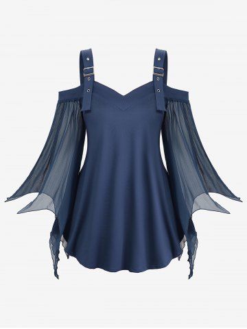 Plus Size Cold Shoulder Buckle Straps Mesh Bell Sleeve Top