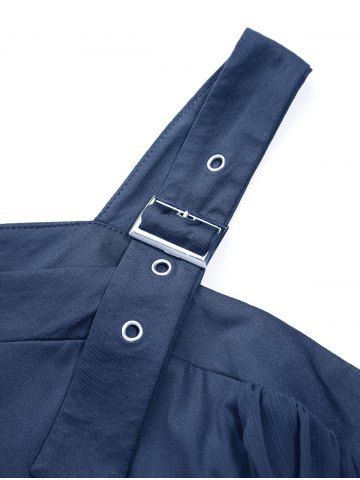 Plus Size Cold Shoulder Buckle Straps Mesh Bell Sleeve Top