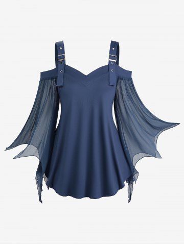 Plus Size Cold Shoulder Buckle Straps Mesh Bell Sleeve Top - DEEP BLUE - 4X | US 26-28