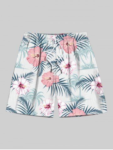 Plus Size Hibiscus Flowers Tropical Leaf Coconut Tree Print Hawaii Beach Shorts For Men - WHITE - 7XL