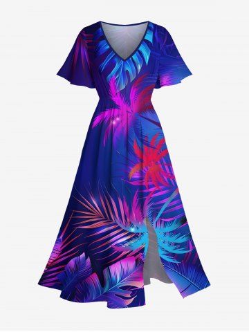 Plus Size Coconut Tree Tropical Leaf Print Split Hawaii Midi Dress - PURPLE - 1X