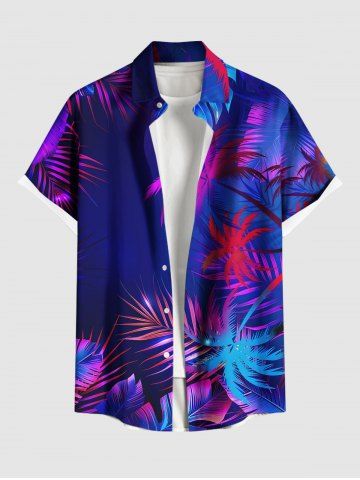 Plus Size Coconut Tree Tropical Leaf Print Buttons Pocket Hawaii Shirt For Men - PURPLE - XL