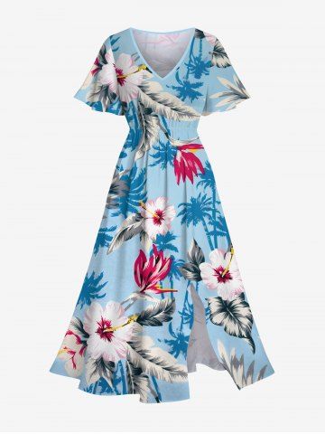 Plus Size Hibiscus Flowers Leaf Coconut Tree Print Split Hawaii Midi Dress - LIGHT BLUE - M