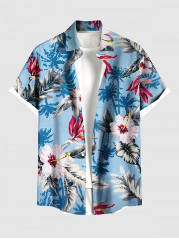 Plus Size Hibiscus Flowers Leaf Coconut Tree Print Buttons Pocket Hawaii Shirt For Men - LIGHT BLUE - 5XL
