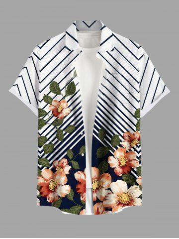 Plus Size Flower Leaf Branch Zig Zag Print Hawaii Button Pocket Shirt For Men - WHITE - 4XL