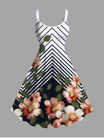 Plus Size Flower Leaf Branch Zig Zag Print Hawaii A Line Tank Dress - WHITE - XXS