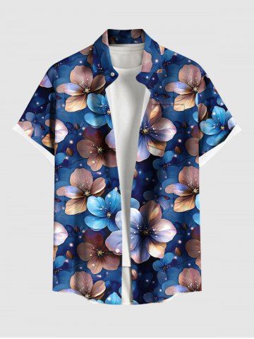 Plus Size Glitter Ombre Flower Print Hawaii Button Pocket Shirt For Men - BLUE - M