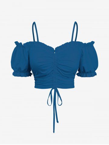 Plus Size Cold Shoulder Puff Sleeve Solid Cinched Top - BLUE - 6X