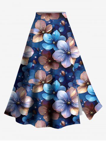 Plus Size Glitter Ombre Flower Print Hawaii Split A Line Skirt - BLUE - 6X